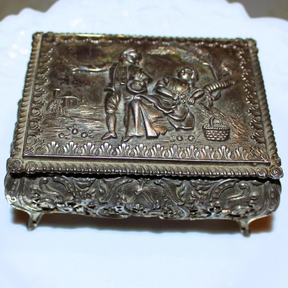 Vintage Japan Silver Jewelry Box Romantic Repoussé Trinket Case with Red Velvet